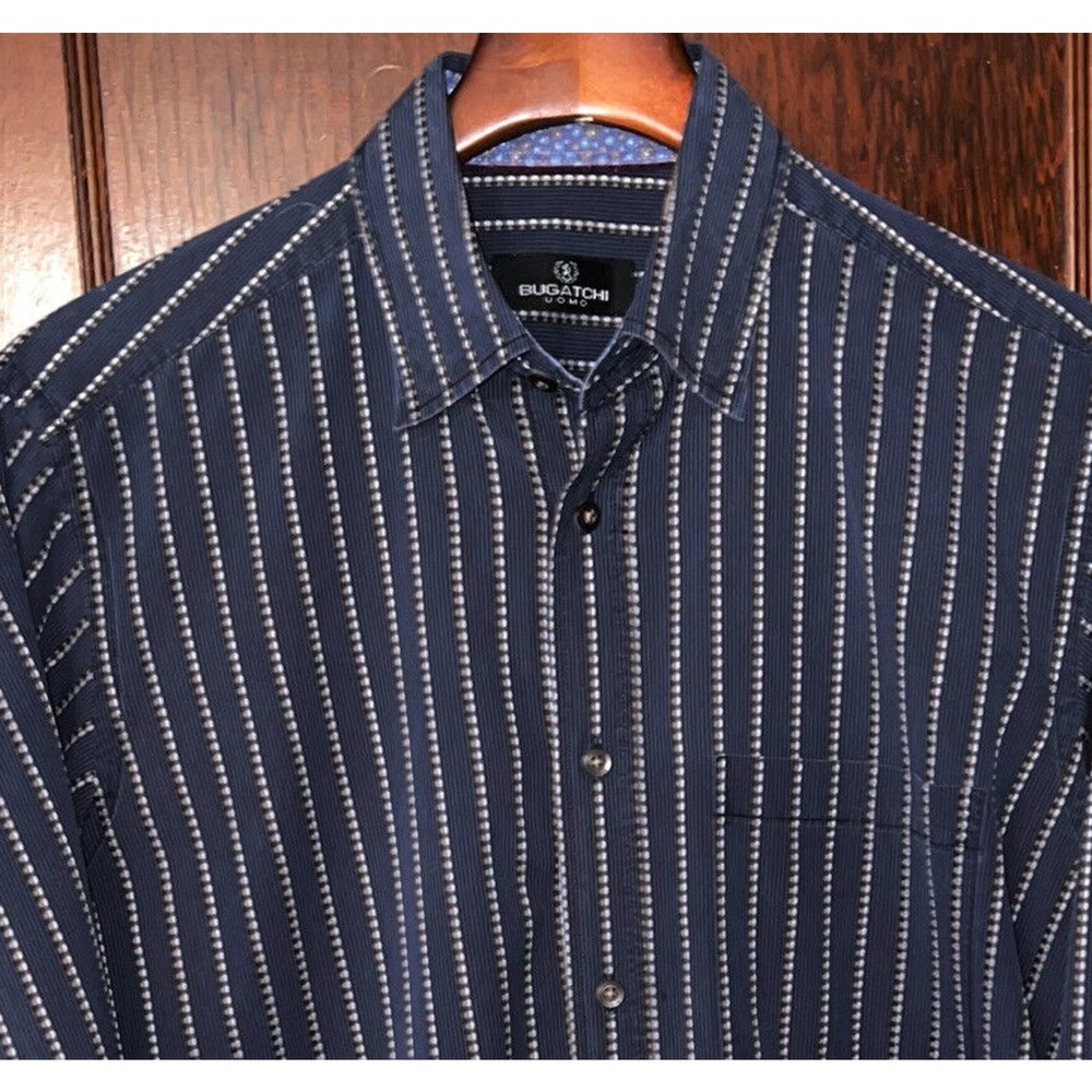 BUGATCHI BLUE STRIPED LONG SLEEVE COTTON SHIRT FLIP CUFF SIZE M